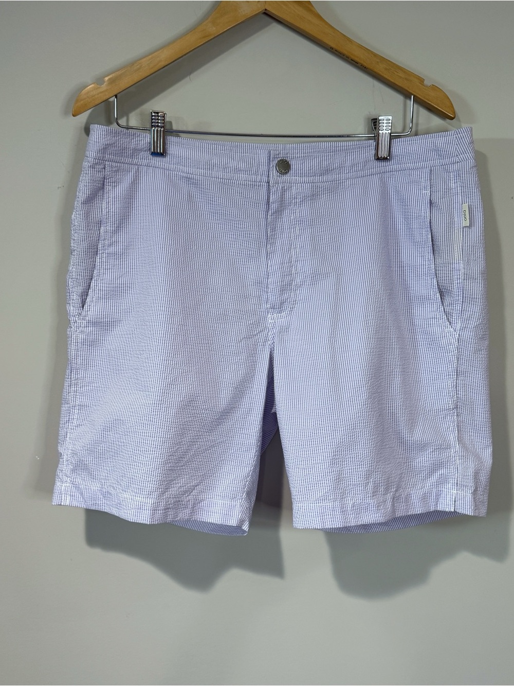 Onia Mens Calder 7.5 Blue & White Seersucker Swim Trunks Coastal Resort 34 Waist